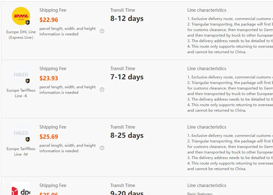 Górne wiersze estymatora dla Niemiec, 1000 g: Europe DHL Line Express 22,96 USD