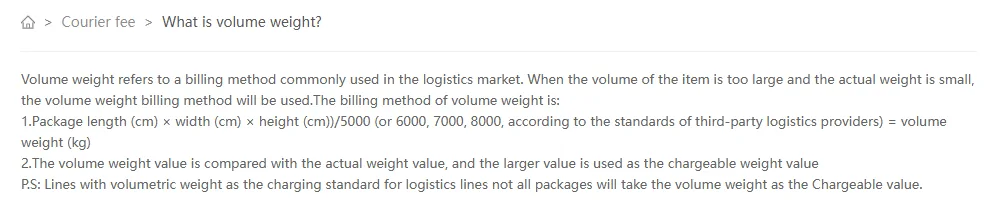 Artykuł pomocy Kakobuy What is volume weight ze wzorem długość razy szerokość razy wysokość przez 5000