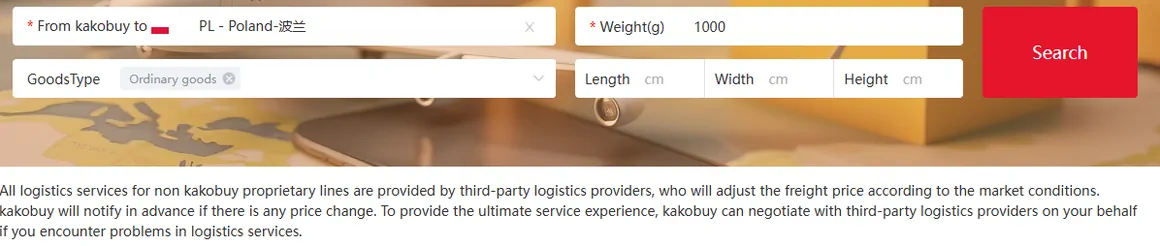 Formularz estymatora Kakobuy ustawiony na Polskę i 1000 g