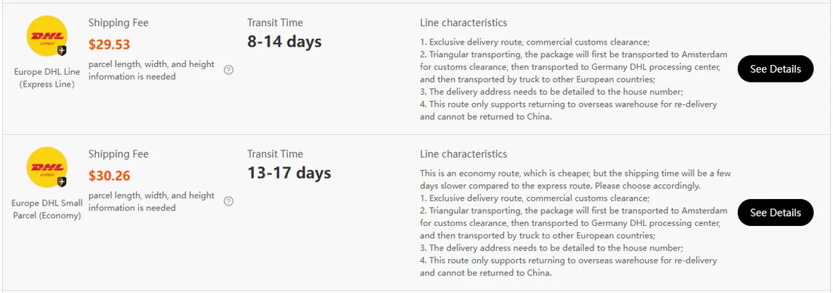 Wiersze Europe DHL Line Express 29,53 USD i Europe DHL Small Parcel Economy 30,26 USD