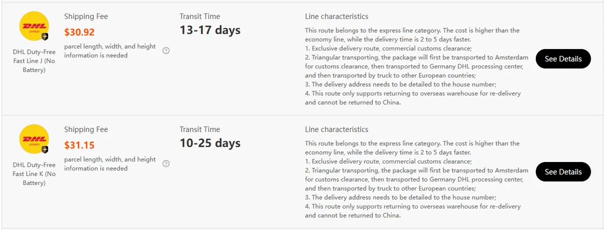 Wiersze DHL Duty-Free Fast Line J 30,92 USD 13-17 dni i Fast Line K 31,15 USD 10-25 dni