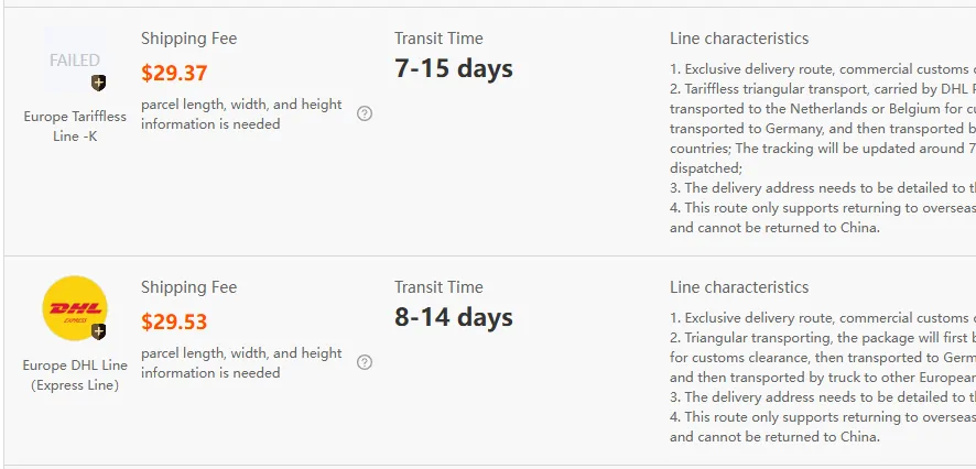 Wiersze Europe Tariffless Line -K 29,37 USD i Europe DHL Line Express 29,53 USD z opisami tras
