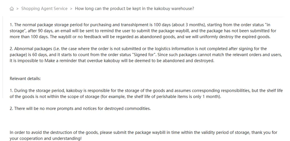 Artykuł pomocy Kakobuy o okresie przechowywania 100 dni od statusu in storage