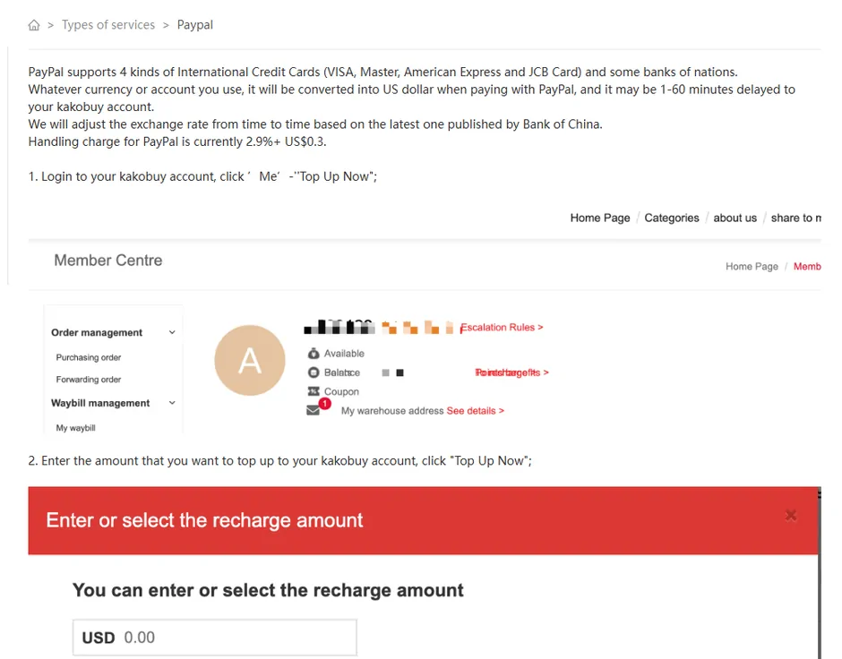 Artykuł pomocy Kakobuy o płatności PayPal z opisem przeliczania na dolary i zrzutem doładowania