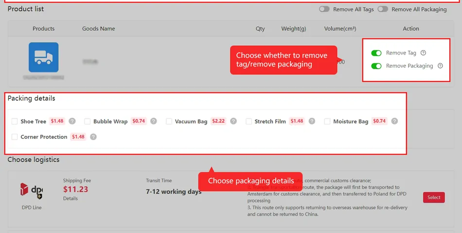 Formularz Submit Waybill z przełącznikami Remove Tag i Remove Packaging oraz dodatkami pakowania z cenami