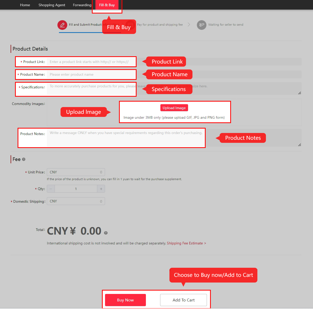 Formularz Fill & Buy: link, produkt, wariant, zdjęcie, cena i dostawa krajowa.
